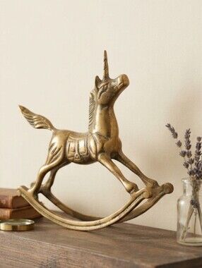 Vintage Solid Brass Rocking Unicorn Whimsical Figurine Decor 6" X 7" Heavy Brass